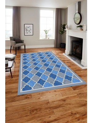 Napoli Home Baskılı Modern Çerçeveli Kupa Desen Yıkanabilir Kaymaz Yolluk Mutfak Salon Halısı, MODERN-169-MAVİ,