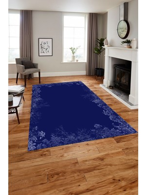 Napoli Home Baskılı Modern Çiçek Ağaç Motifli Yıkanabilir Kaymaz Yolluk Mutfak Salon Halısı, MODERN-203-MAVİ,