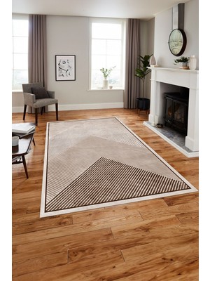 Napoli Home Baskılı Modern Üçgen Çizgili Yıkanabilir Kaymaz Yolluk Mutfak Salon Halısı, MODERN-181-KAHVE,