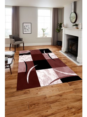 Napoli Home Baskılı Modern Çerçeveli Kare Yıkanabilir Kaymaz Yolluk Mutfak Salon Halısı, MODERN-186-BORDO,