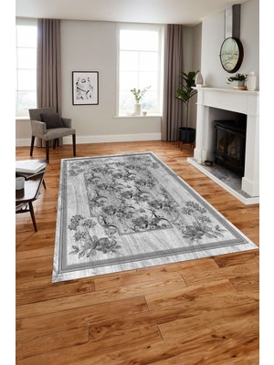 Napoli Home Baskılı Modern Çerçeveli Çiçekli Yıkanabilir Kaymaz Yolluk Mutfak Salon Halısı, MODERN-209-GRİ,