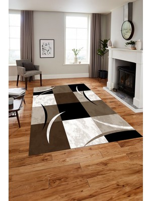 Napoli Home Baskılı Modern Çerçeveli Kare Yıkanabilir Kaymaz Yolluk Mutfak Salon Halısı, MODERN-186-KAHVE,