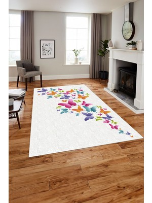 Napoli Home Baskılı Modern Kelebek Model Yıkanabilir Kaymaz Yolluk Mutfak Salon Halısı, Modern-147-Renkli,