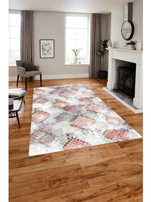 Napoli Home Baskılı Modern Kare Motifli Yıkanabilir Kaymaz Yolluk Mutfak Salon Halısı, MODERN-211-PEMBE,