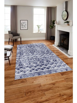 Napoli Home Baskılı Modern Etnik Görünümlü Yıkanabilir Kaymaz Yolluk Mutfak Salon Halısı, MODERN-194-LACİVERT,