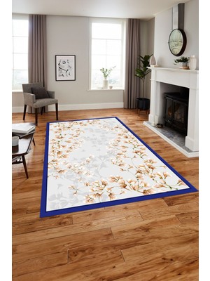Napoli Home Baskılı Modern Çerçeveli Çiçek Desen Yıkanabilir Kaymaz Yolluk Mutfak Salon Halısı, MODERN-213-MAVİ,