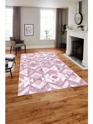 Napoli Home Baskılı Modern Geometrik Desenli Yıkanabilir Kaymaz Yolluk Mutfak Salon Halısı, MODERN-139-PEMBE,