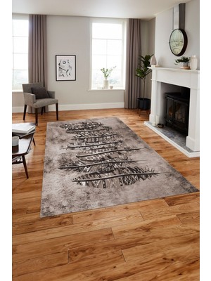 Napoli Home Baskılı Modern Kuş Tüyü Motifli Yıkanabilir Kaymaz Yolluk Mutfak Salon Halısı, MODERN-157-VİZON,