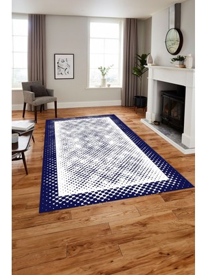 Napoli Home Baskılı Modern Sade Çerçeveli Yıkanabilir Kaymaz Yolluk Mutfak Salon Halısı, MODERN-218-LACİVERT,