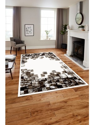 Napoli Home Baskılı Modern Duvar Motifli Yıkanabilir Kaymaz Yolluk Mutfak Salon Halısı, MODERN-202-KAHVE,