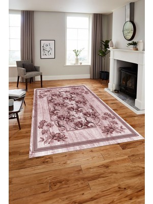 Napoli Home Baskılı Modern Çerçeveli Çiçekli Yıkanabilir Kaymaz Yolluk Mutfak Salon Halısı, MODERN-209-PEMBE,