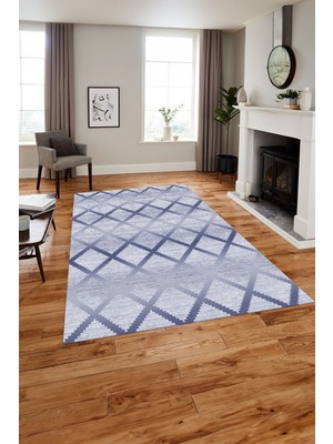 Napoli Home Baskılı Modern Sade Kare Desen Yıkanabilir Kaymaz Yolluk Mutfak Salon Halısı, MODERN-167-LACİVERT,