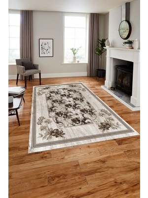 Napoli Home Baskılı Modern Çerçeveli Çiçekli Yıkanabilir Kaymaz Yolluk Mutfak Salon Halısı, MODERN-209-KAHVE,