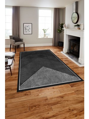 Napoli Home Baskılı Modern Üçgen Çizgili Yıkanabilir Kaymaz Yolluk Mutfak Salon Halısı, MODERN-181-ANTRASİT,