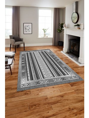 Napoli Home Baskılı Modern Afgan Desen Yıkanabilir Kaymaz Yolluk Mutfak Salon Halısı, MODERN-217-GRİ,