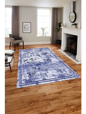 Napoli Home Baskılı Modern Sade Çerçeveli Yıkanabilir Kaymaz Yolluk Mutfak Salon Halısı, MODERN-176-LACİVERT,