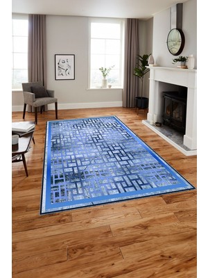 Napoli Home Baskılı Modern Mermer Çerçeve Model Yıkanabilir Kaymaz Yolluk Mutfak Salon Halısı, MODERN-179-MAVİ,
