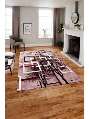 Napoli Home Dijital Baskılı Modern Ağaçlı Yıkanabilir Kaymaz Yolluk Mutfak Salon Halısı, MODERN-189-BORDO,