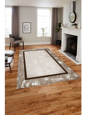 Napoli Home Baskılı Modern Çerçeveli Çiçekli Yıkanabilir Kaymaz Yolluk Mutfak Salon Halısı, MODERN-199-KAHVE,