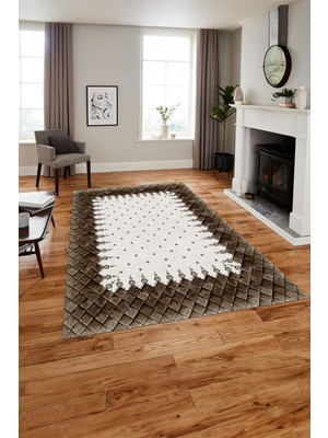 Napoli Home Baskılı Modern Geometrik Desenli Yıkanabilir Kaymaz Yolluk Mutfak Salon Halısı, MODERN-204-KAHVE,