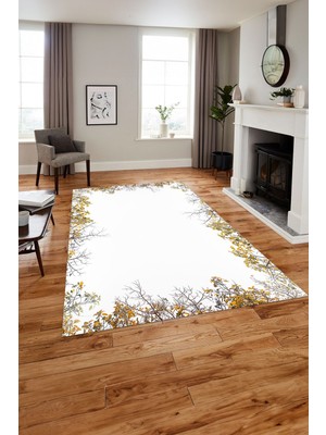 Napoli Home Baskılı Modern Çiçek Ağaç Motifli Yıkanabilir Kaymaz Yolluk Mutfak Salon Halısı, MODERN-203-BEYAZ,