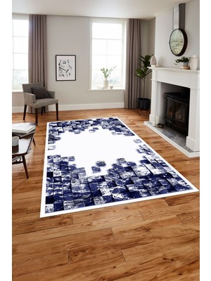Napoli Home Baskılı Modern Duvar Motifli Yıkanabilir Kaymaz Yolluk Mutfak Salon Halısı, MODERN-202-LACİVERT,