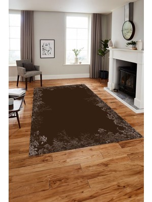 Napoli Home Baskılı Modern Çiçek Ağaç Motifli Yıkanabilir Kaymaz Yolluk Mutfak Salon Halısı, MODERN-203-KAHVE,