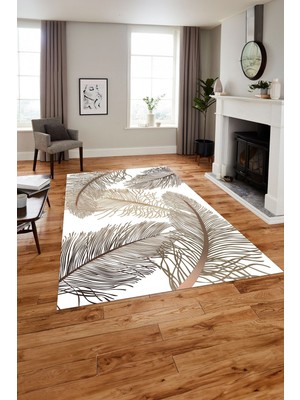 Napoli Home Baskılı Modern Yaprak Desenli Yıkanabilir Kaymaz Yolluk Mutfak Salon Halısı, Modern-145-Bej,