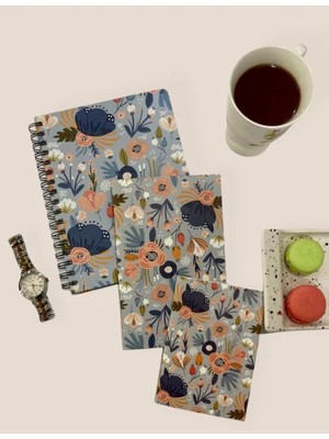Mavi Çiçekli 3'lü Set Süresiz Ajanda Haftalık Planlayıcı-Çizgisiz Defter-Çizgisiz Not Defteri