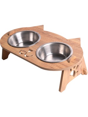 RealWood Kedi Su ve Mama Kabı Standı (8 mm Mdf)( Eğimli Kedi Modeli )(Çelik Kase - 2*350ml)