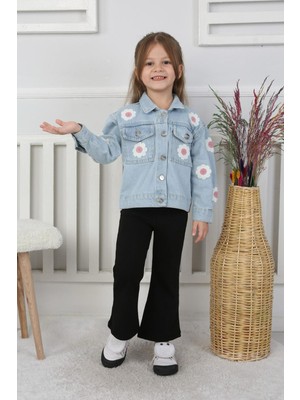 Miniğimin Cicileri Çiçek Örgü Motifli Kız Çocuk kot ceket - Açık Mavi