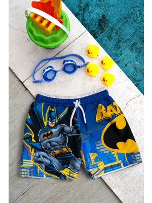 Erkek Çocuk Lacivert Batman Baskılı Bel Bağcıklı Deniz Şortu
