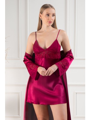 Lunoche Nightwear Kadın Güpür Dantel Detaylı Saten Çeyizlik Ikili Gecelik Sabahlık Takımı