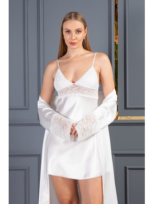 Lunoche Nightwear Kadın Güpür Dantel Detaylı Saten Çeyizlik Ikili Gecelik Sabahlık Takımı