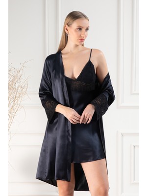 Lunoche Nightwear Kadın Güpür Dantel Detaylı Saten Çeyizlik Ikili Gecelik Sabahlık Takımı