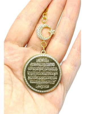 Biuti Çelik Uçlu Ayetel Kürsi Nazar Ayeti Parlak Hilal Araba Dikiz Ayna Süsü, Altın Renkli Araba Hediyesi