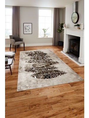 Napoli Home Baskılı Modern Kuş Tüyü Motifli Yıkanabilir Kaymaz Yolluk Mutfak Salon Halısı, Modern-157-Kahve,