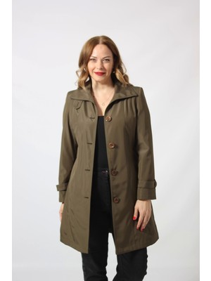 1671 Kolu Düğme Detaylı Uzun Kapişonlu Haki Büyük Beden Kadın Ceket