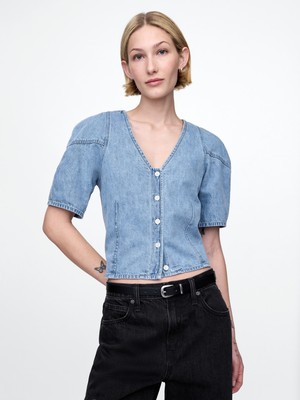 Gap Kadın Mavi Kabarık Kol Denim Crop Bluz