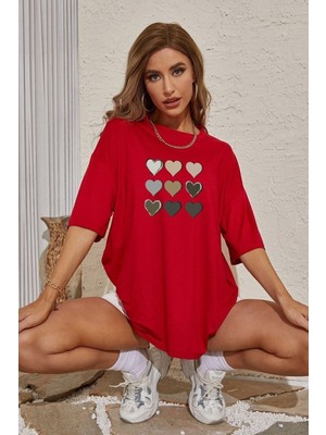 Kadın Kalp Baskılı T-Shirt Oversize Salaş