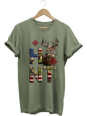 Hunting Avcılık Geyik ve Kamuflaj Hunt Yazı Baskılı %100 Pamuk Regular Fit Bisiklet Yaka T-Shirt