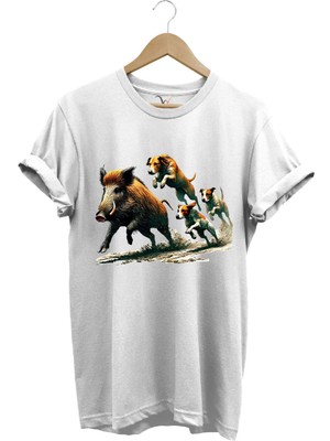 Avcılık Hunter Domuz Avı ve Av Köpekleri Baskılı Regular Fit %100 Pamuk T-Shirt