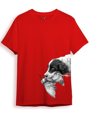 Hunter Avcılık Baskılı Av Köpeği Ağzında Çulluk Yan Detay Bakılı %100 Pamuk Regular Fit T-Shirt