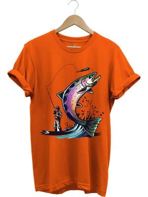 Balık Avı Baskılı Fishing Olta Ile Balık Tutmak Turna Levrek Balığı Regular Fit %100 Pamuk Tişört