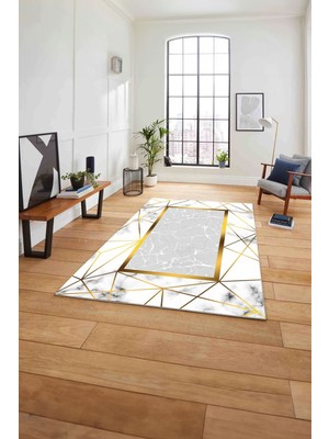Napoli Home Baskılı Mermer Çerçeve Model Kaymaz Yıkanabilir Yolluk Mutfak Salon Halısı, Mermer-31-Beyaz,