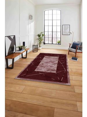 Napoli Home Baskılı Mermer Görünümlü Çerçeveli Kaymaz Yıkanabilir Yolluk Mutfak Salon Halısı, Mermer-36-Bordo,