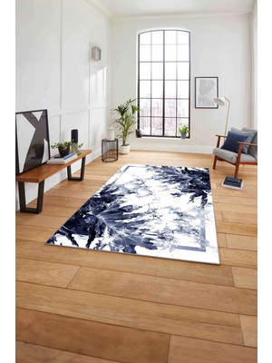 Napoli Home Baskılı Mermer Çerçeve Çiçek Desen Kaymaz Yıkanabilir Yolluk Mutfak Salon Halısı,Mermer-60-Lacivert,
