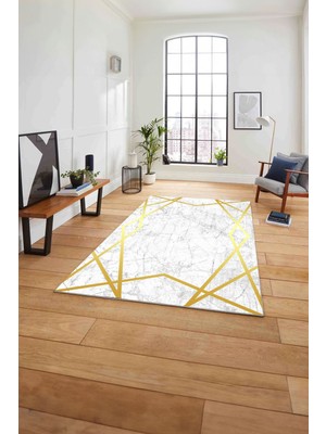 Napoli Home Baskılı Mermer Kenar Çizgi Detaylı Kaymaz Yıkanabilir Yolluk Mutfak Salon Halısı, Mermer-37-Gold,