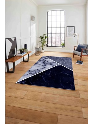 Napoli Home Baskılı Mermer Zeminli Kaymaz Yıkanabilir Yolluk Mutfak Salon Halısı, Mermer-57-Lacivert,