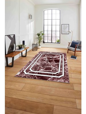 Napoli Home Baskılı Mermer Zemin Dekoratif Kaymaz Yıkanabilir Yolluk Mutfak Salon Halısı, Mermer-65-Bordo,